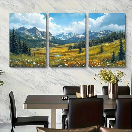 3pcs Vibrant Mountain & Meadow Landscape Metal Print Ready to Hang Art