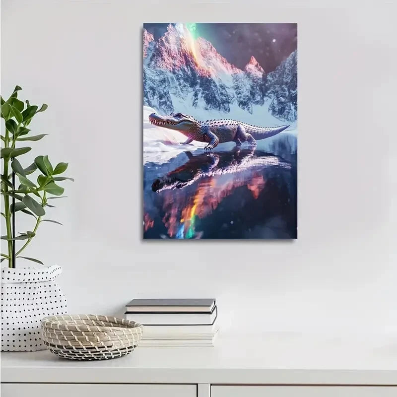 Crocodile Running Happily On a Snowy Mountain Painting 40x60cm Metal Print Ready to Hang