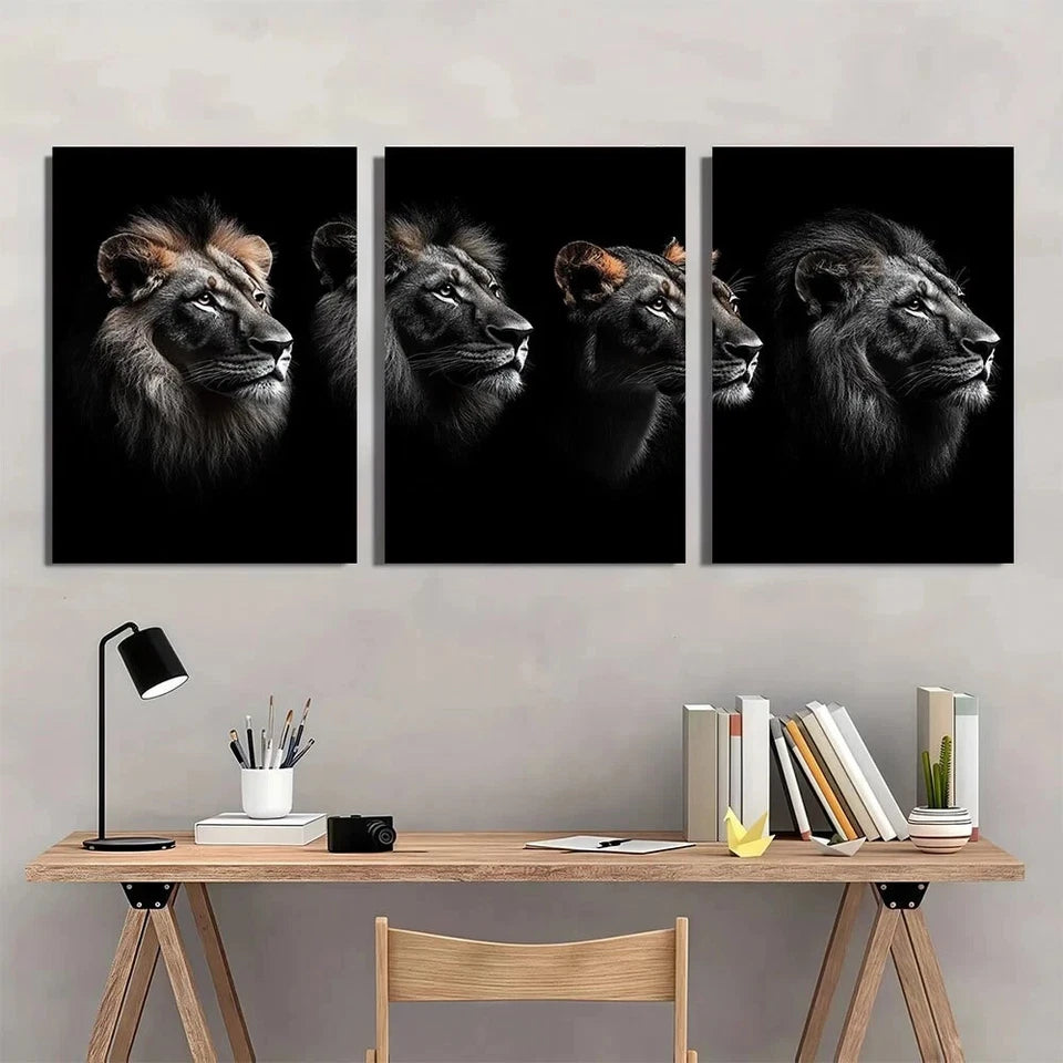 3pcs African Lion Black and White Metal Print Ready to Hang Art