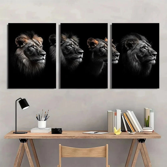 3pcs African Lion Black and White Metal Print Ready to Hang Art