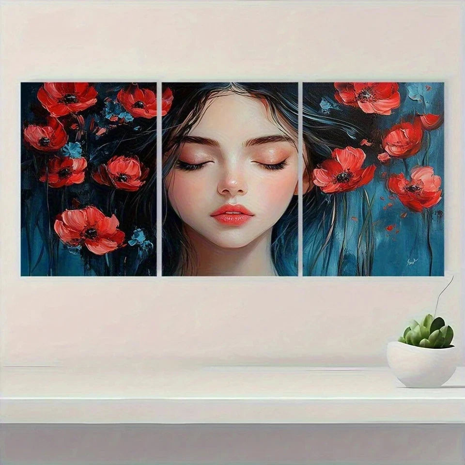 3pcs Dreamy Girl Elegant Woman with Red Poppies Metal Print Ready to Hang Art