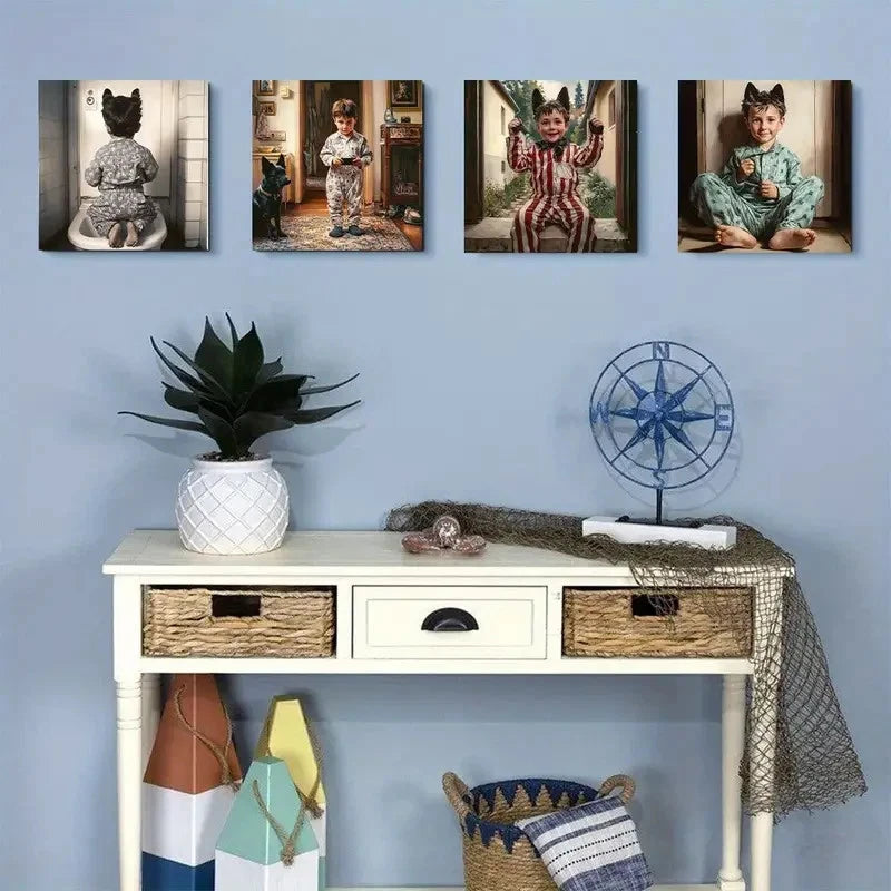 4pcsWhimsical Black German ShepherdWall Art Canvas Framed