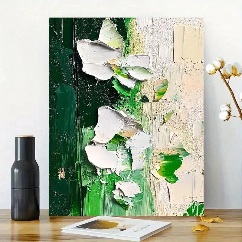 Abstract Painting Of White And Green Flowers Painting  40x60cm Metal Print Ready to Hang