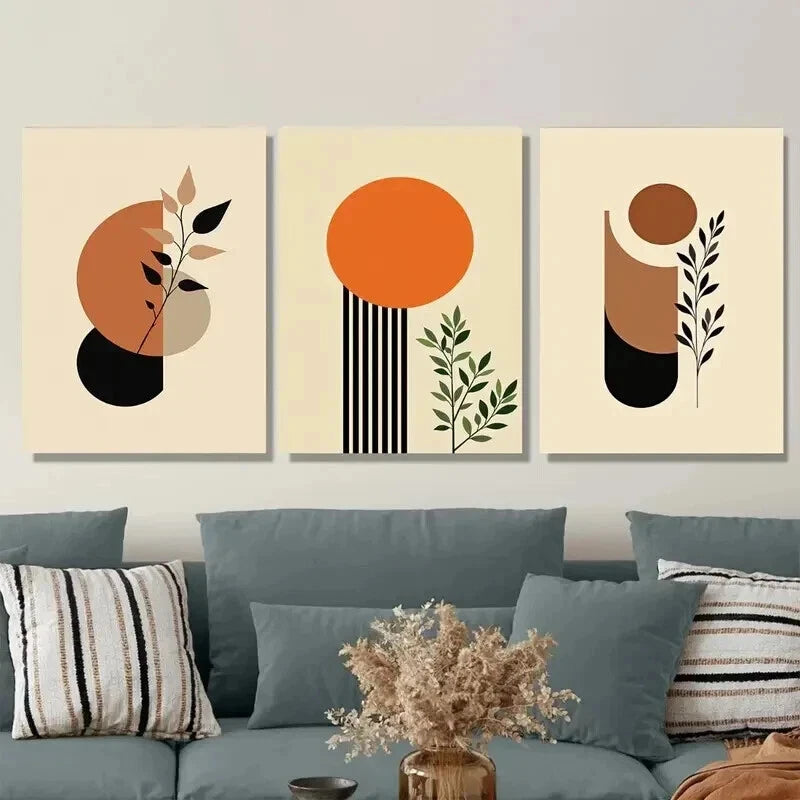 3pcs Minimalist Botanical Geometric Shapes Wall Art Set Canvas Framed 40x60cm - High Quality Print 100% Australian Made Wall Canvas Ready to Hang