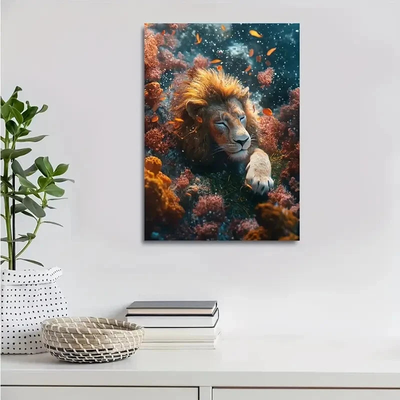 Surreal Lion Underwater Scene with Coral Painting 40x60cm Metal Print Ready to Hang