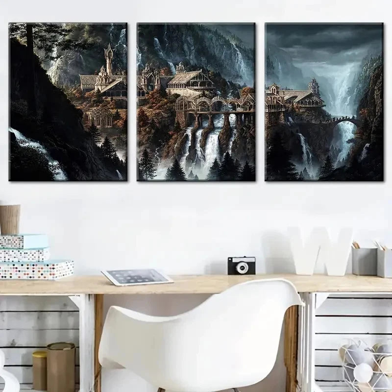 3pcs Medieval Castle Mountain Waterfall Metal Print Ready to Hang Art