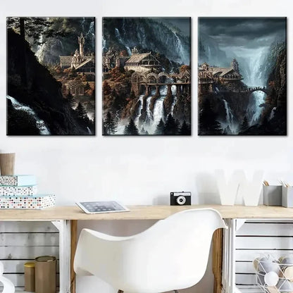 3pcs Medieval Castle Mountain Waterfall Metal Print Ready to Hang Art