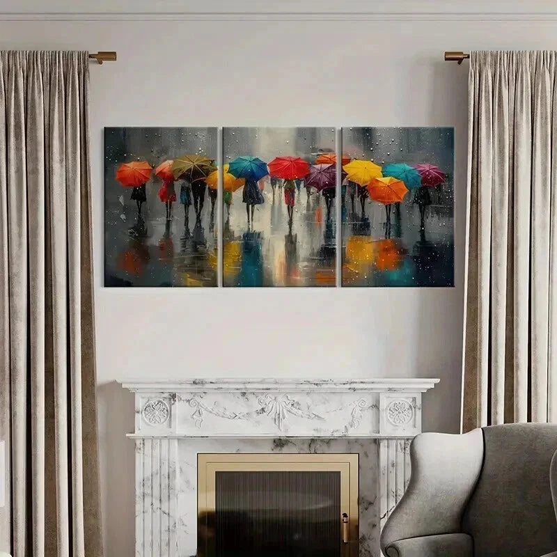 3pcs Rainy Day Colorful Umbrellas Wall Art Set Canvas Framed 40x60cm - High Quality Print 100% Australian Made Wall Canvas Ready to Hang