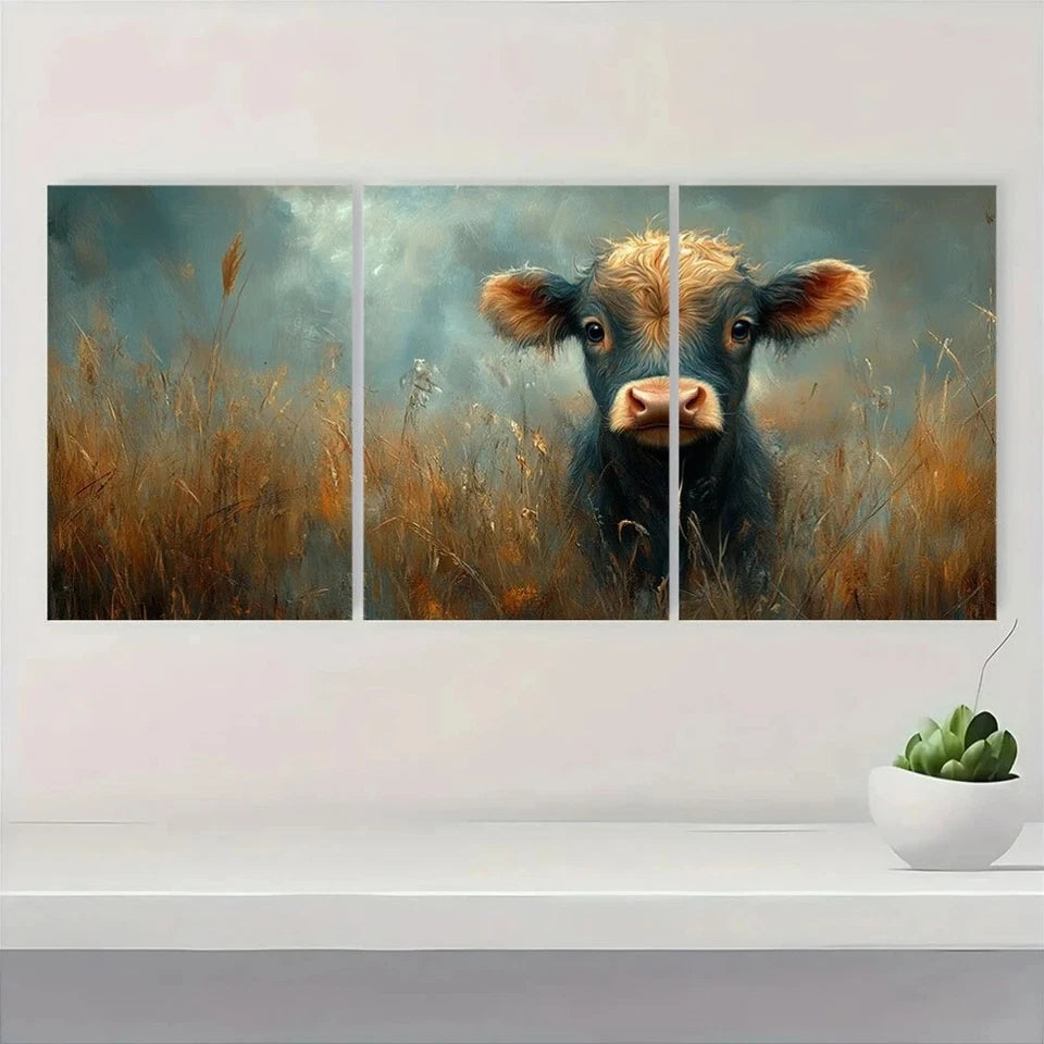 3pcs Charming Cow in Golden Wheat Field Vibrant Metal Print Ready to Hang Art