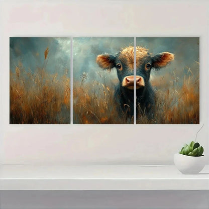 3pcs Charming Cow in Golden Wheat Field Vibrant Metal Print Ready to Hang Art