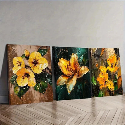 3pcs Yellow Lilies in the Rain Decoration Wall Art Set Canvas Framed 40x60cm - High Quality Print 100% Australian Made Wall Canvas Ready to Hang