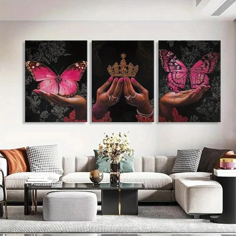 3pcs Butterfly and Crown Hands Holding Perfect Wall Art Set Canvas Framed 40x60cm - High Quality Print 100% Australian Made Wall Canvas Ready to Hang