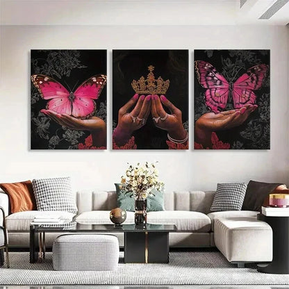 3pcs Butterfly and Crown Hands Holding Perfect Wall Art Set Canvas Framed 40x60cm - High Quality Print 100% Australian Made Wall Canvas Ready to Hang