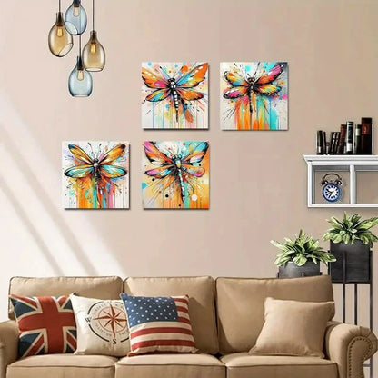 4pcs Colorful Dragonfly Prints  Wall Art Canvas Framed