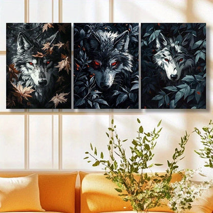3pcs Red Eyes Wolves with Autumn Leaves Metal Print Ready to Hang Art