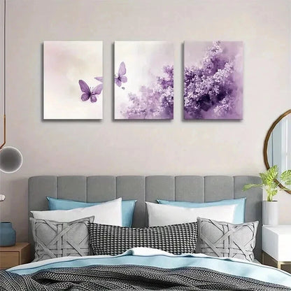 3pcs Purple Lavender Bloom And Butterfly Wall Art Set Canvas Framed 40x60cm - High Quality Print 100% Australian Made Wall Canvas Ready to Hang
