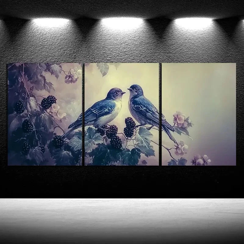 3pcs Birds on Blackberry Flowers Purple Metal Print Ready to Hang Art