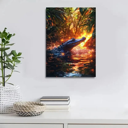 Vibrant Jungle Crocodile Splashing In Water Painting  40x60cm Metal Print Ready to Hang