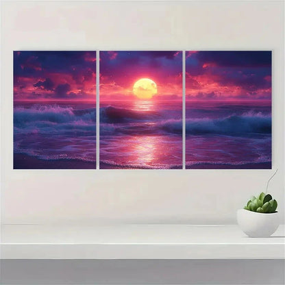 3pcs Synthwave Sunset Ocean Waves Metal Print Ready to Hang Art