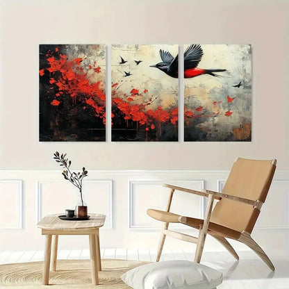 3pcs Black White And Red Birds Abstract Perfect Wall Art Set Canvas Framed 40x60cm - High Quality Print 100% Australian Made Wall Canvas Ready to Hang