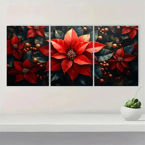 3pcs Poinsettia Painting Floral PP Wall Art Set Canvas Unframed - High Quality Print 100% Australian Made Wall Canvas