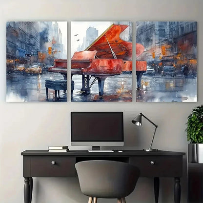3pcs City Streets Watercolour Piano Art Wall Art Set Canvas Framed 50x70cm - High Quality Print 100% Australian Made Wall Canvas Ready to Hang