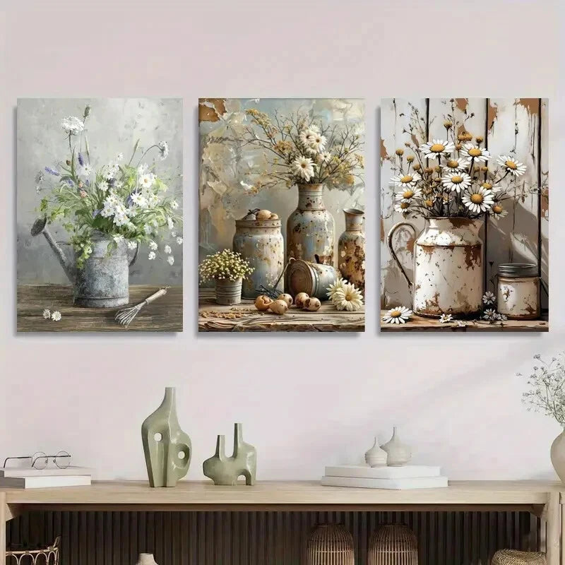 3pcs Vintage Style Floral Daisy Flower Metal Print Ready to Hang Art