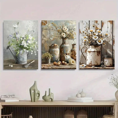 3pcs Vintage Style Floral Daisy Flower Metal Print Ready to Hang Art