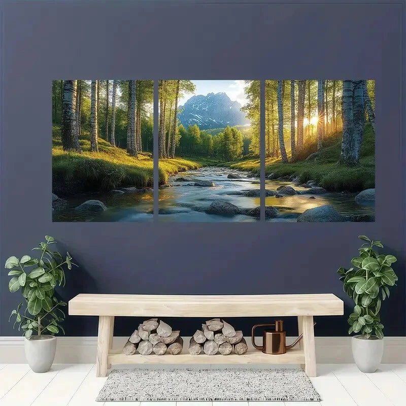 3pcs Serene Stream and Mountain View Polyester Metal Print Ready to Hang Art