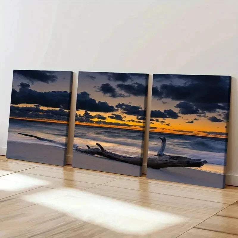 3pcs Sea Surface At Dusk Beach Modern Wall Art Set Canvas Framed 40x60cm - High Quality Print 100% Australian Made Wall Canvas Ready to Hang