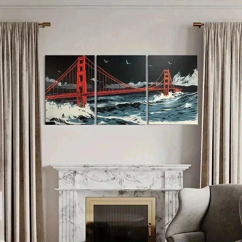 3pcs Golden Gate Bridge Stormy Sea Night Sky Metal Print Ready to Hang Art