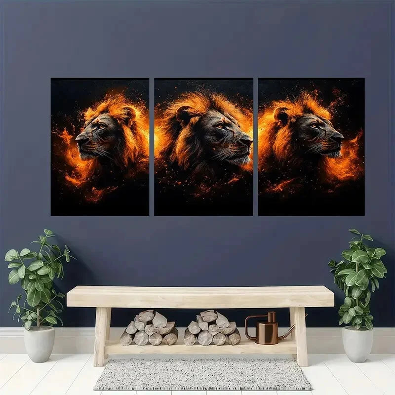 3pcs Abstract Animal Golden Lion Metal Print Ready to Hang Art