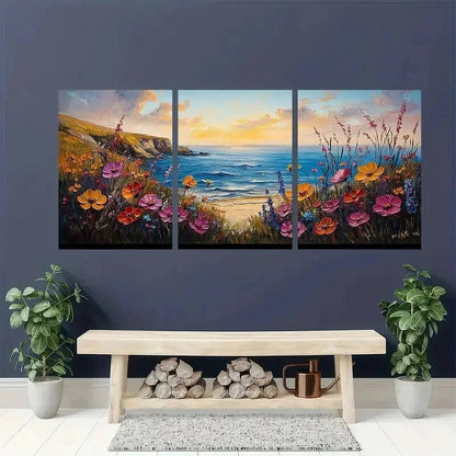 3pcs Coast Beach Wildflowers Landscape Wall Art Set Canvas Framed 40x60cm - High Quality Print 100% Australian Made Wall Canvas Ready to Hang