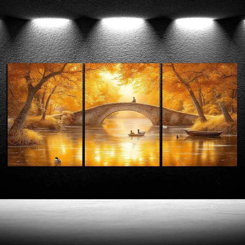 3pcs The Boatman Under The Stone Arch Bridge Metal Print Ready to Hang Art