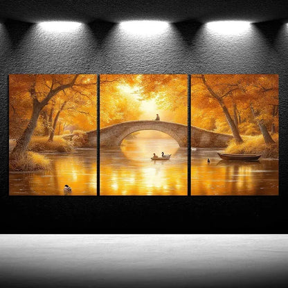 3pcs The Boatman Under The Stone Arch Bridge Metal Print Ready to Hang Art