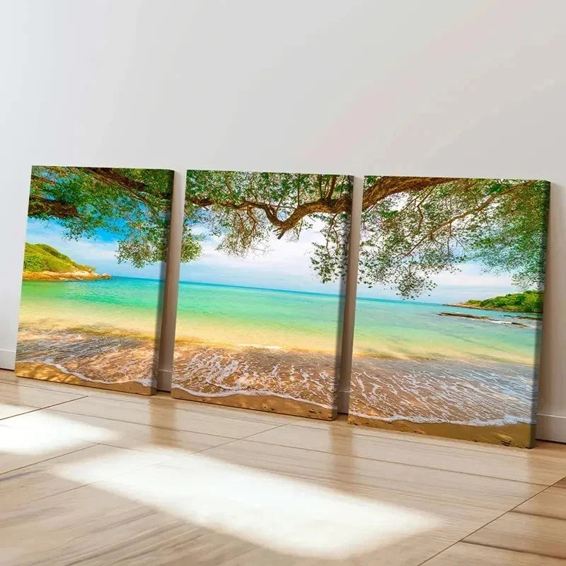 3pcs Sunshine Seaside Beach Sea Landscape Wall Art Set Canvas Framed 50x70cm - High Quality Print 100% Australian Made Wall Canvas Ready to Hang