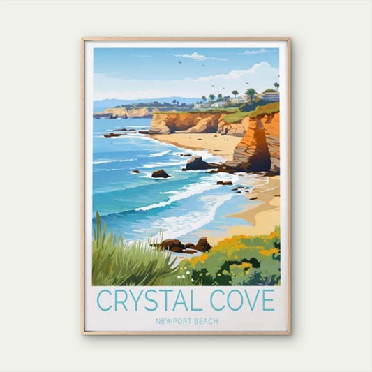 Crystal Cove Newport Beach, Blue Sky Art Travel Poster Print Wall Art