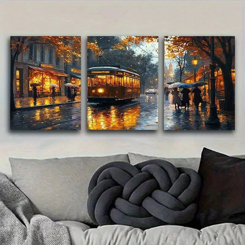 3pcs Vintage Rainy City Street Wall Art Set Canvas Framed 50x70cm - High Quality Print 100% Australian Made Wall Canvas Ready to Hang