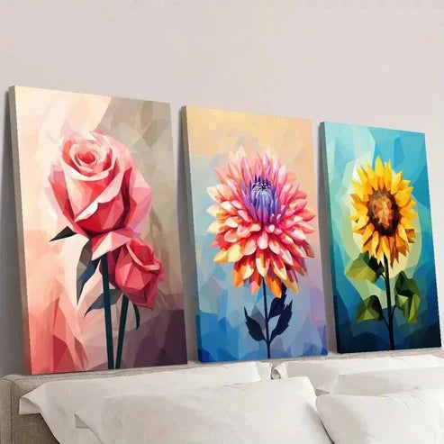 3pcs Cubism Pink Rose Abstract Dahlia Sunflower Wall Art Canvas Unframed - High Quality Print 100% Australian Made Wall Canvas