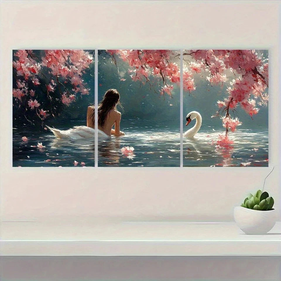 3pcs Pink Cherry Blossoms and Swans Metal Print Ready to Hang Art