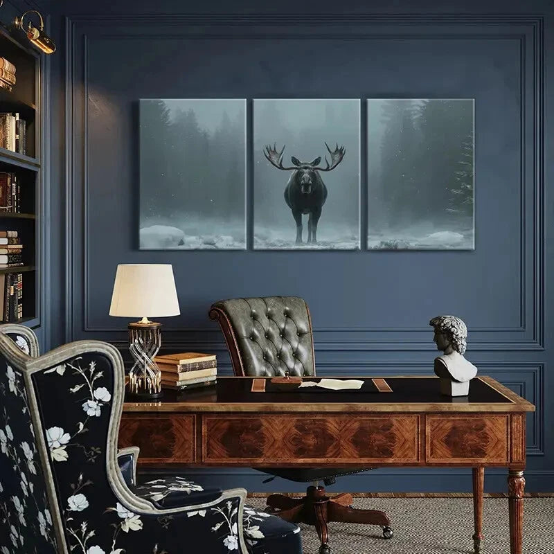 3pcs Winter Forest Moose Art Snowy Landscape Metal Print Ready to Hang Art