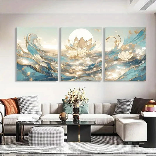 3pcs Elegant Soft Blue and Golden Tones Perfect Wall Art Set Canvas Framed 40x60cm - High Quality Print 100% Australian Made Wall Canvas Ready to Hang