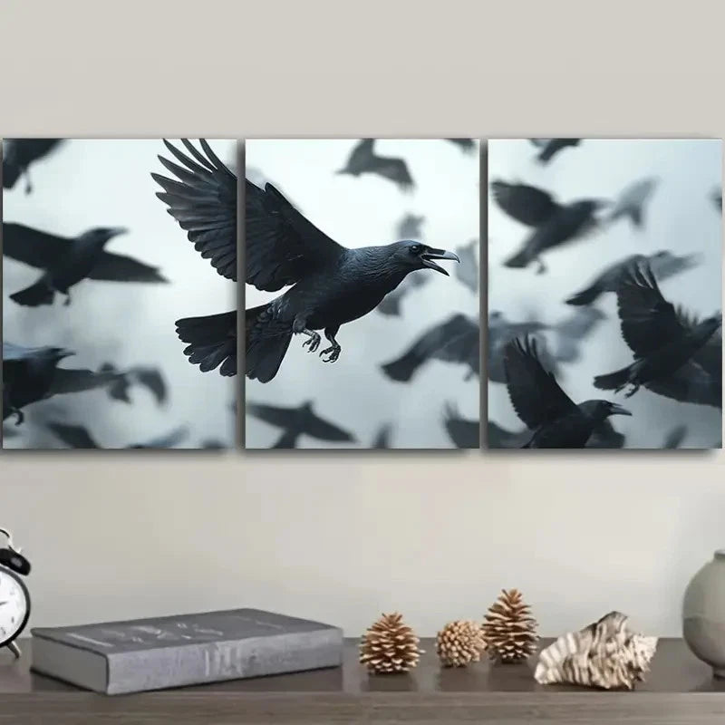 3pcs Featuring a Group of Crows Wall Art Set Canvas Framed 50x70cm - High Quality Print 100% Australian Made Wall Canvas Ready to Hang