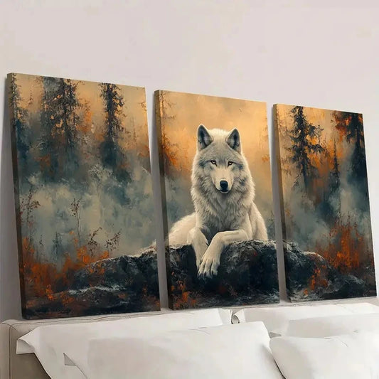 3pcs White Wolf Ancient Forest Scene with Vivid Wall Art Set Canvas Framed 60x90cm - High Quality Print 100% Australian Made Wall Canvas Ready to Hang