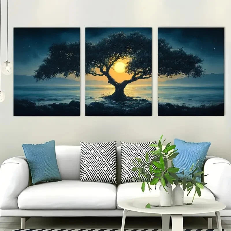 3pcs Tree In The Moonlight Cool Décor Perfect Wall Art Set Canvas Framed 40x60cm - High Quality Print 100% Australian Made Wall Canvas Ready to Hang