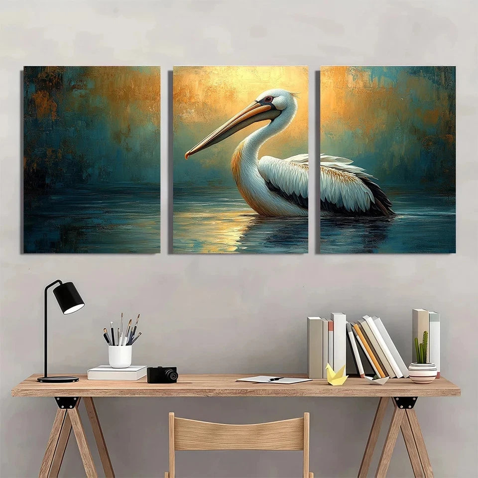 3pcs Pelican Oil Painting Vintage Bird Themed Wall Art Set Canvas Framed 50x70cm - High Quality Print 100% Australian Made Wall Canvas Ready to Hang