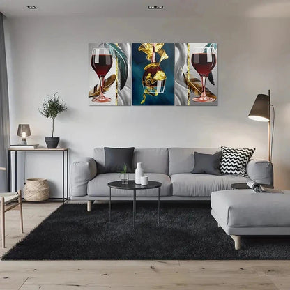 3pcs Abstract Wine Glass Golden Leaf Design Metal Print Ready to Hang Art