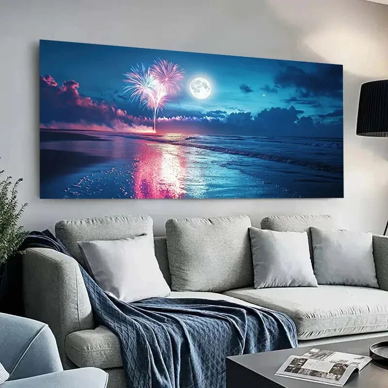 Beach Scene with Fireworks wall canvas office home room framed 120x60cm