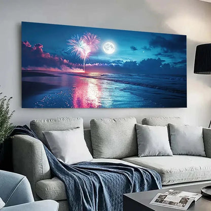 Beach Scene with Fireworks wall canvas office home room framed 120x60cm