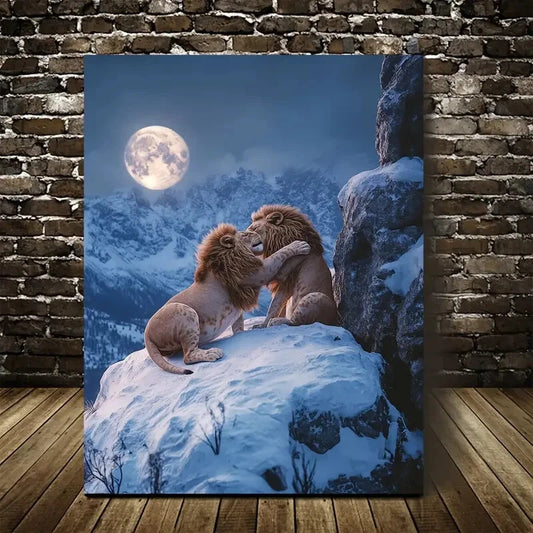 Dreamlike Lion Cubs Snowy Mountain Painting 40x60cm Metal Print Ready to Hang